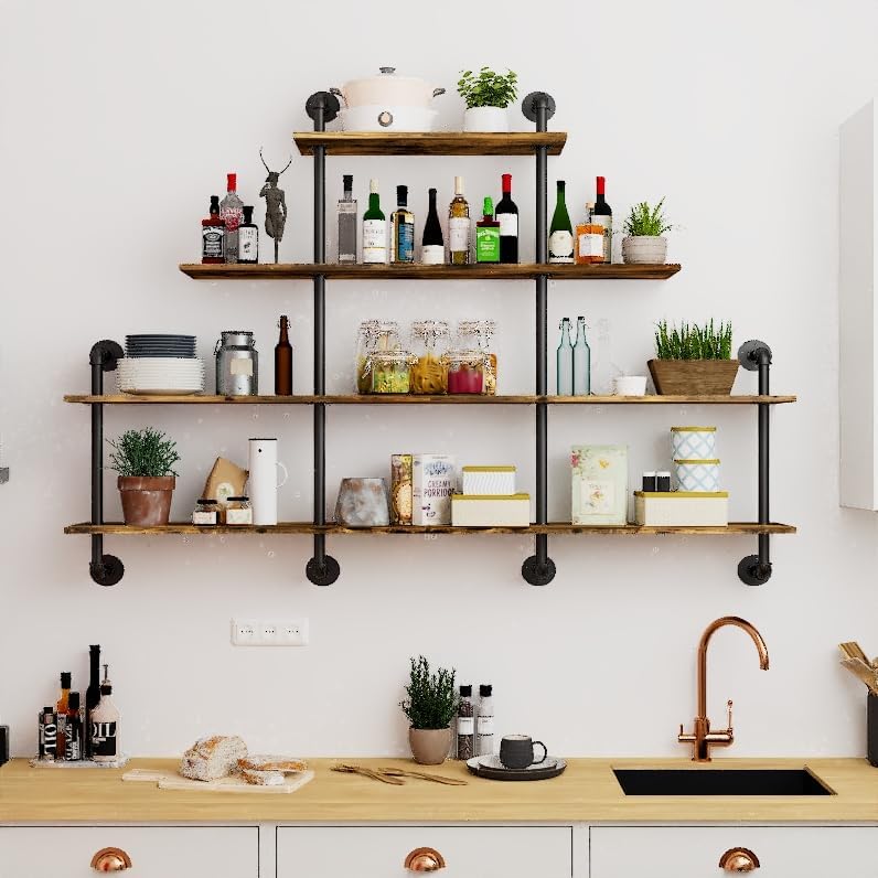 63" Industrial Pipe Shelving - 4 tier Rustic Solid Wood and Heavy Duty Metal Pipe Shelves for Wall,Kitchen Shelves Wall Mounted,Floating Bookshelf,Wall Shelves for Bathroom,Living Room,Coffee Bar