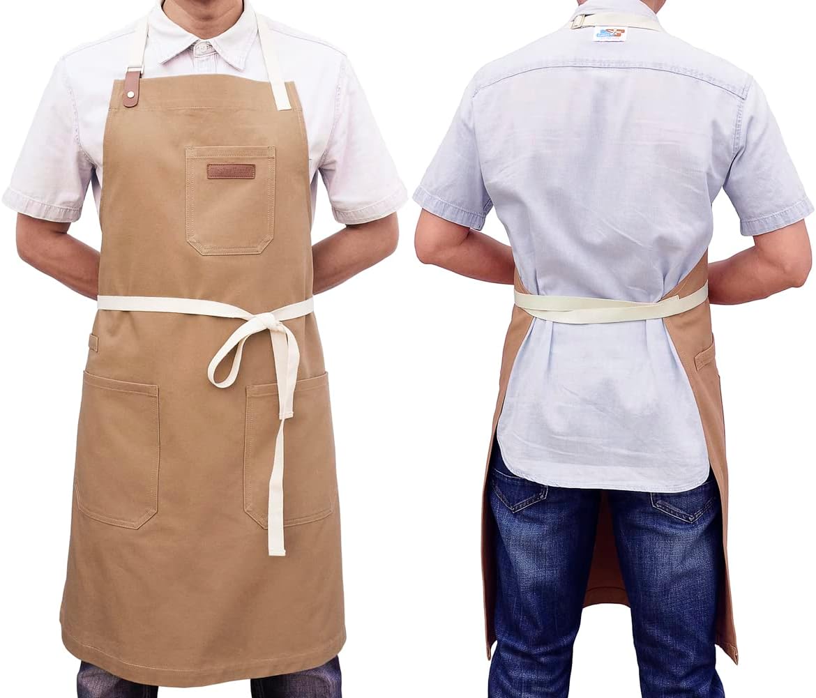 Kitchen Apron, Mens Womens Professional Chef Bib Apron for Cooking Grill BBQ, Cotton with Pockets Towel Loop and Adjustable Neck Straps