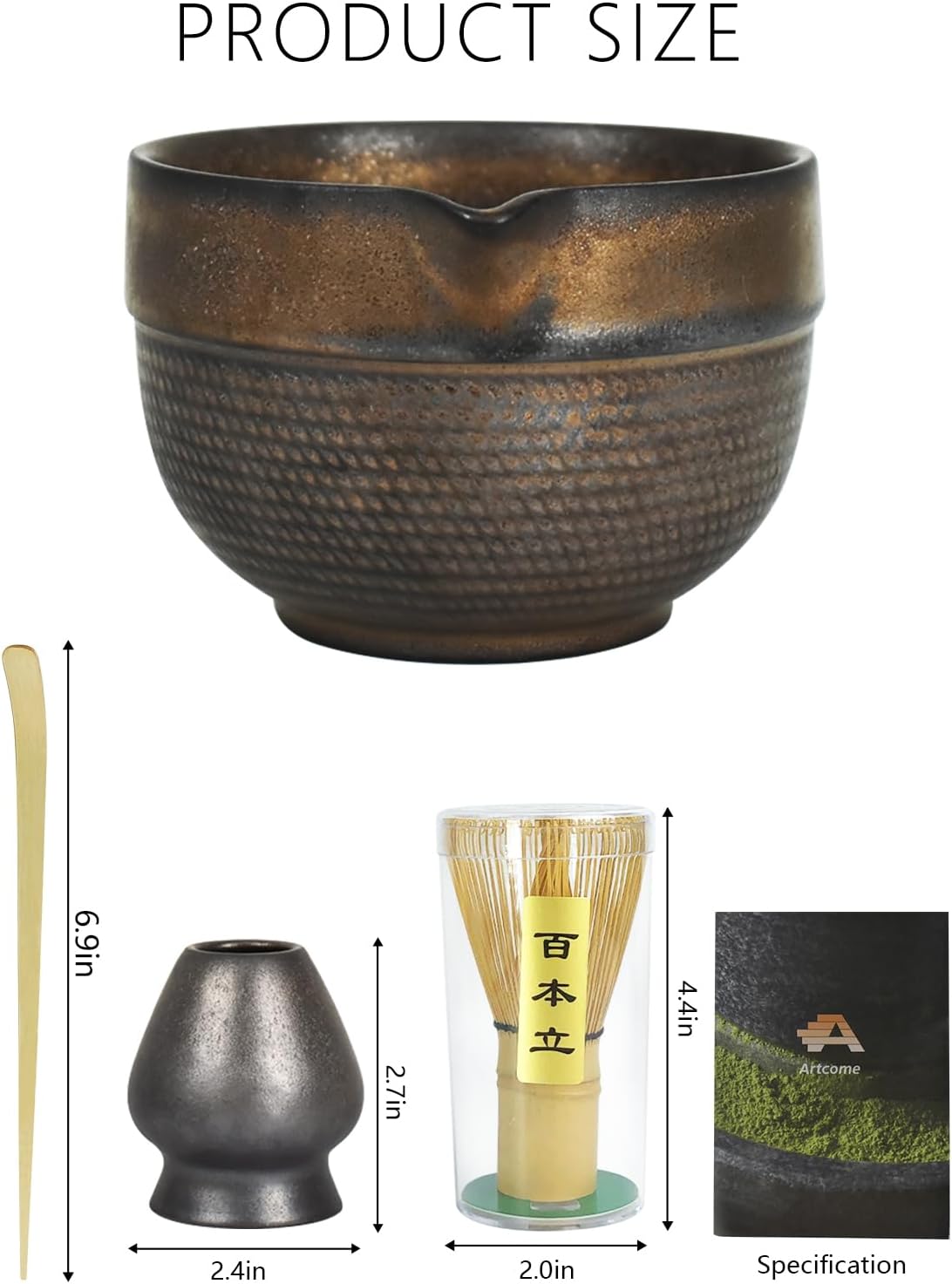 Artcome Luxury Matcha Tea Set – 4-Piece Japanese Matcha Kit with Black Rustic Glazed Bowl & Spout, Bamboo Whisk, Holder, Scoop & Manual – Handcrafted Ceramic Tea Ceremony Set