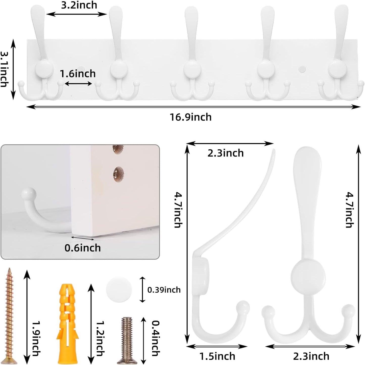 2pcs Coat Rack Wall Mount Coat Hooks Wooden Hat Rack for Wall Hooks Pine Real Wood Plank 16.9" White Coat Hanger with 5 White Triple Hooks for Hanging Coat Hat Jacket