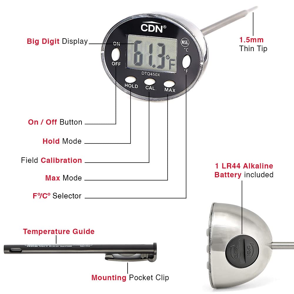 CDN Thin Tip Thermometer | ProAccurate®, 4.75" Stem, Digital, Hold, Max, Waterproof, NSF Certified, Ideal for Cooking, Brewing - DTQ450X
