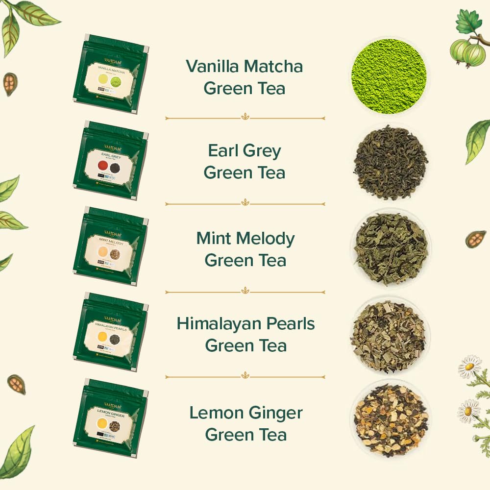 VAHDAM, Assorted Green Tea Loose Leaf Tea Gift Set (10 Flavors) Gift Ideas for Women & Men | Exotic Himalayan Green Tea Blends | Resealable Ziplock Pouch | Gifts for Him/Her