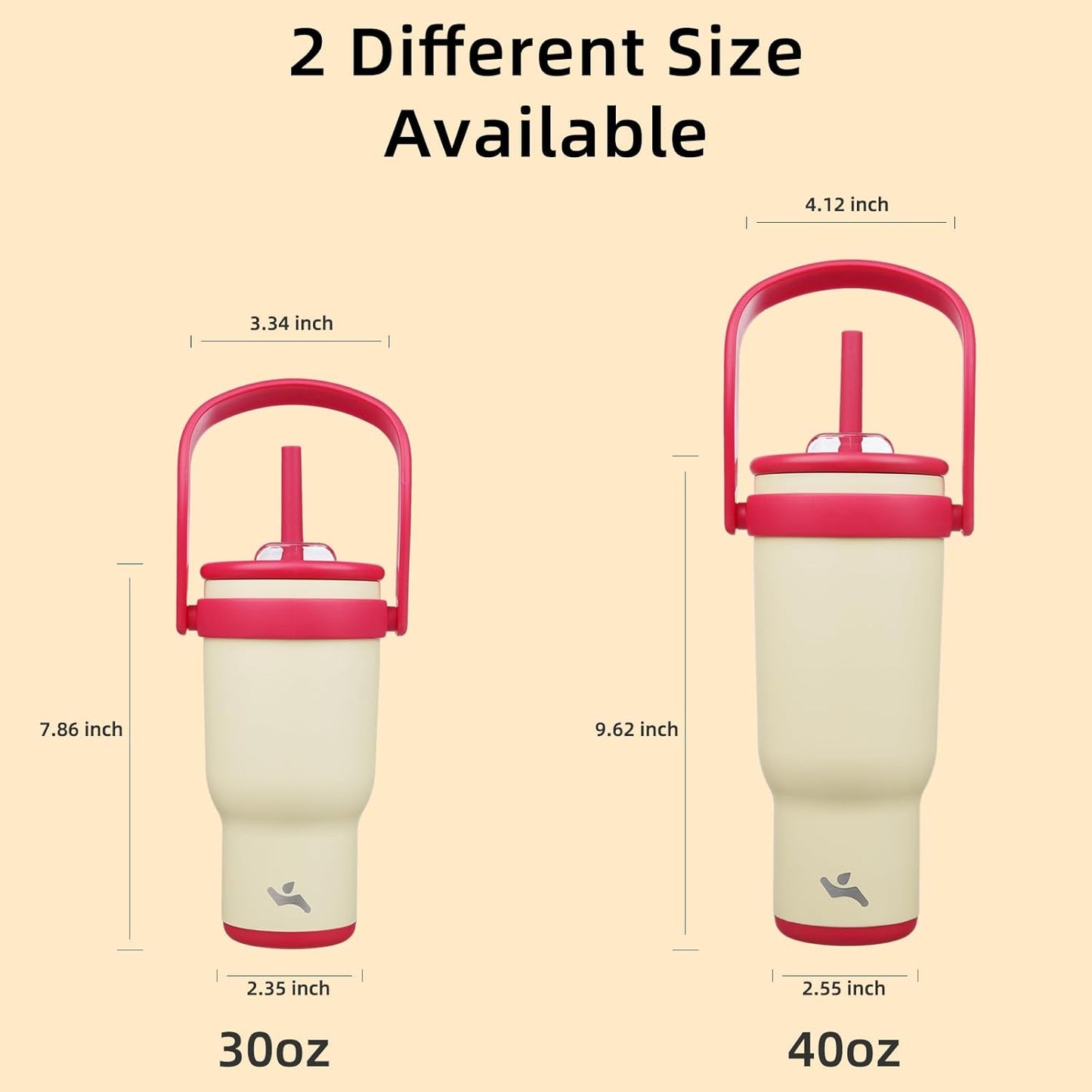 40 oz Tumbler with Side Handle, Insulated Water Bottle with Straw and 2 in 1 Lid, Stainless Steel Cup Travel Coffee Mug for Sports Office Gym,Cream