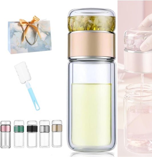 Tryteava Glass Infuser, Tryteava 3-in-1 Smart Tea Infuser, Portable Glass Double Wall Tea Infusers Bottle, with Stainless Steel Filter, Hot & Cold Brew, For Loose Leaf, Office Home (Gold, 350ml)