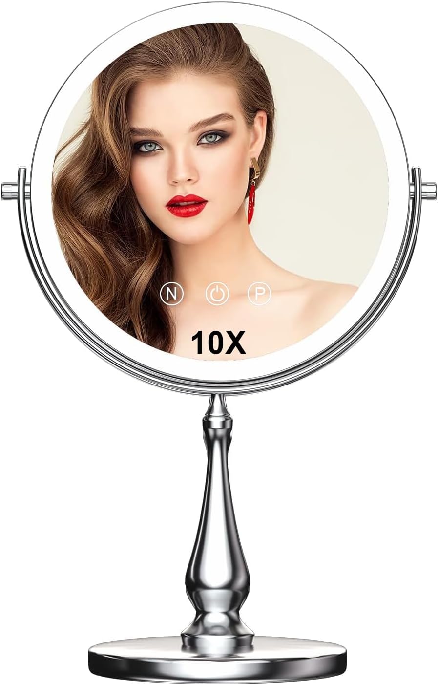 9" Large Lighted Makeup Mirror, 1X/10X Magnifying Vanity Mirror with 3 Colors Dimmable Lightning, 80 LED Lights, 360°Rotation Double Sided Standing Desk Mirror