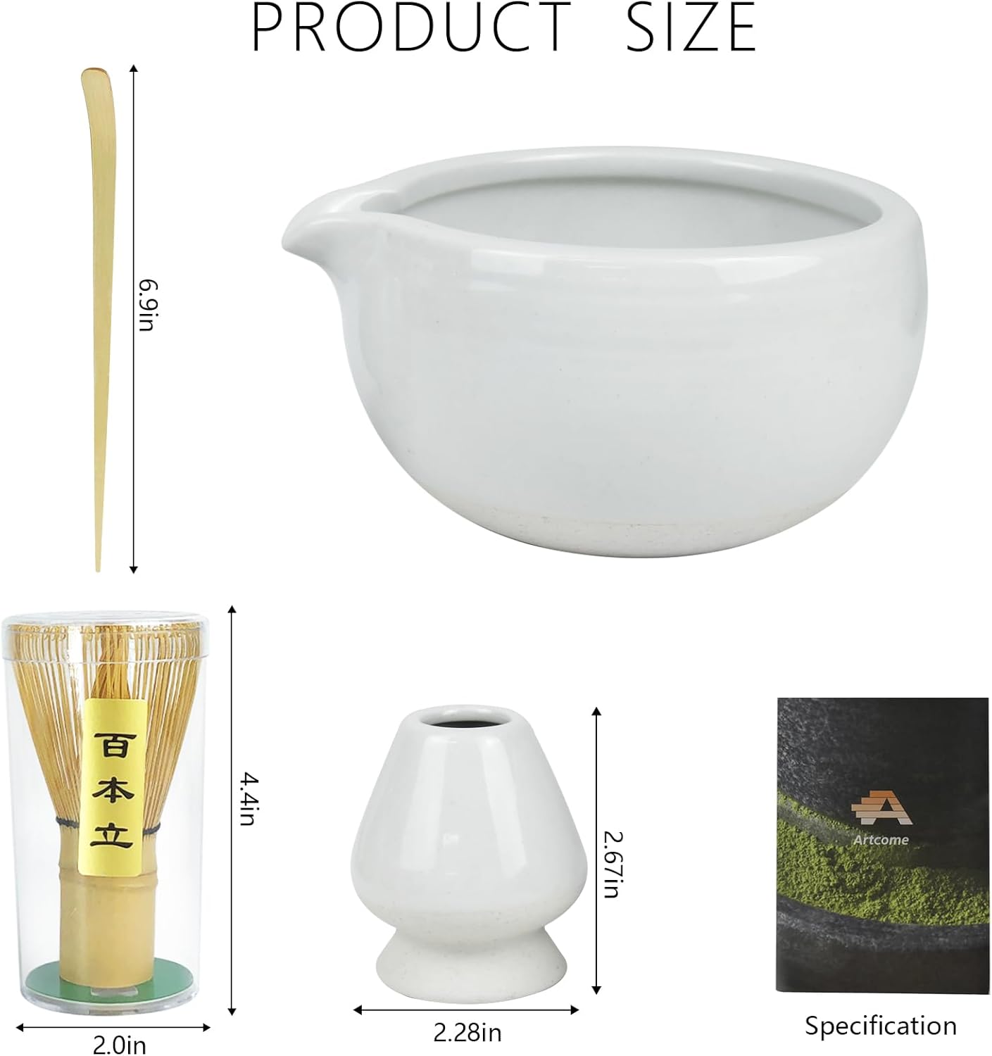 Artcome 4 Pcs Complete Matcha Tea Ceremony Kit - Bowl, Whisk, Whisk Holder, Tea Scoop - For Usucha, Koicha and Matcha Latte (White)