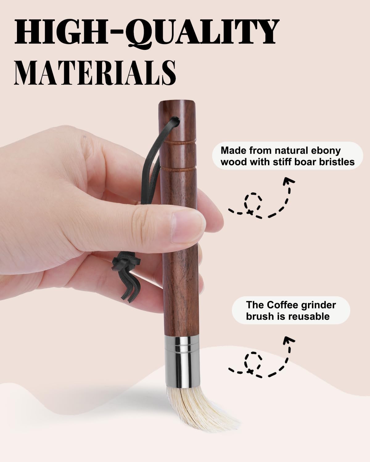 Espresso Brush Kit – Coffee Grinder Brush With Ebony Wood Boar Bristles & Lanyard, Black Rubber Air Blower Nozzle, Compatible With Espresso Machines, Coffee Grinders