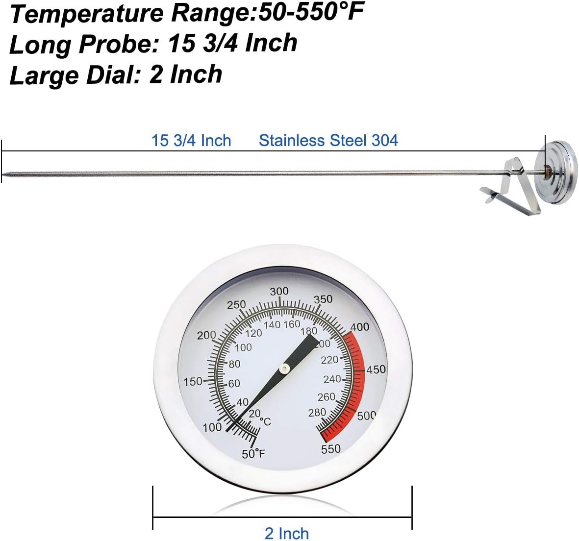 Efeng 15“ turkey fryer thermometer with pot clip (2 Pack), 2" dial candy thermometer with stainless steel clip,oil thermometerr for frying,turkey thermometor deep fryer for cooking tall pots,beef,meat