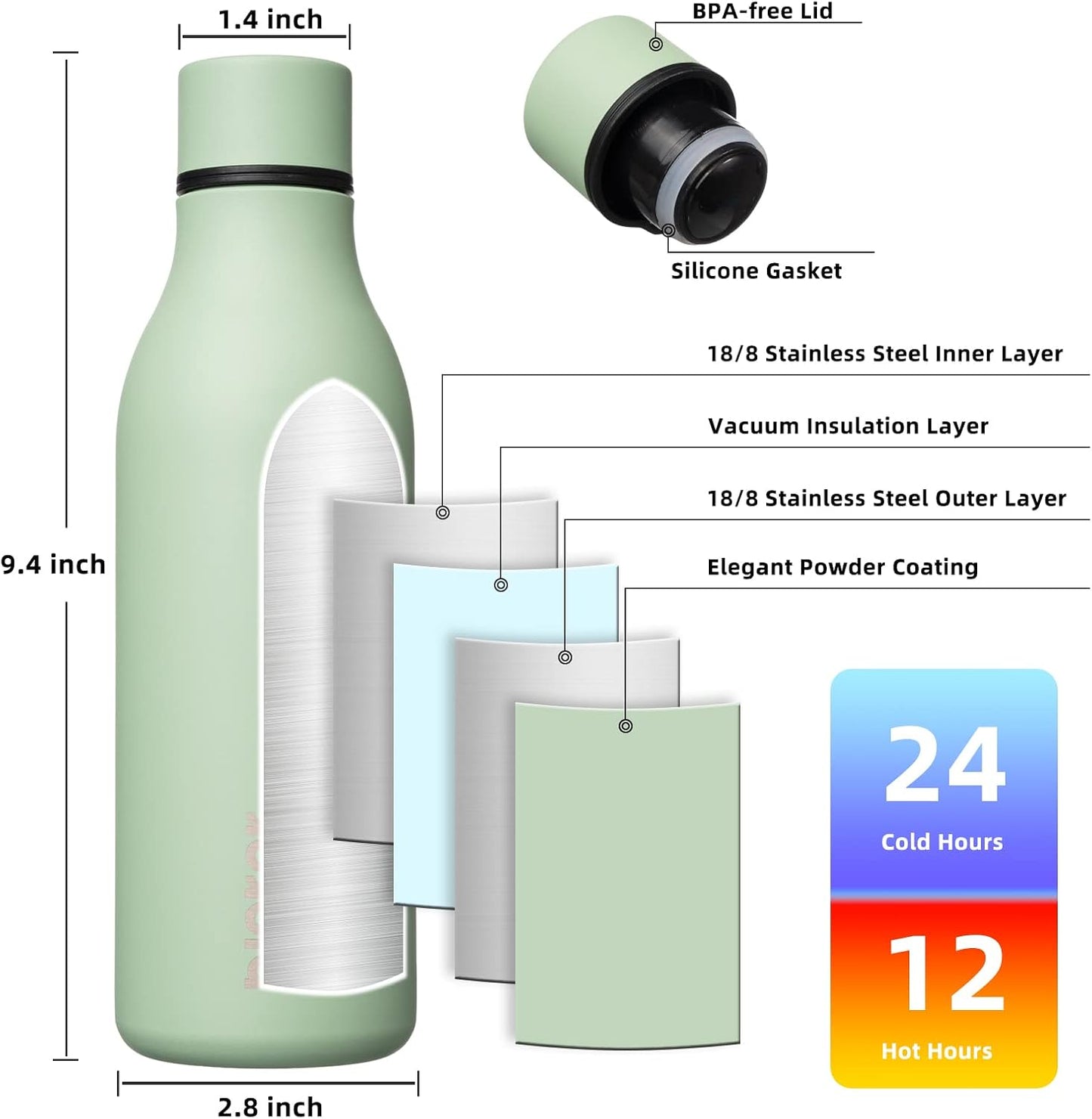 BJPKPK Insulated Water Bottles, 18 oz Stainless Steel Metal Water Bottle with Strap, BPA Free Leak Proof Thermos, Mugs, Flasks, Reusable Water Bottle for Sports & Travel, Macaron Green