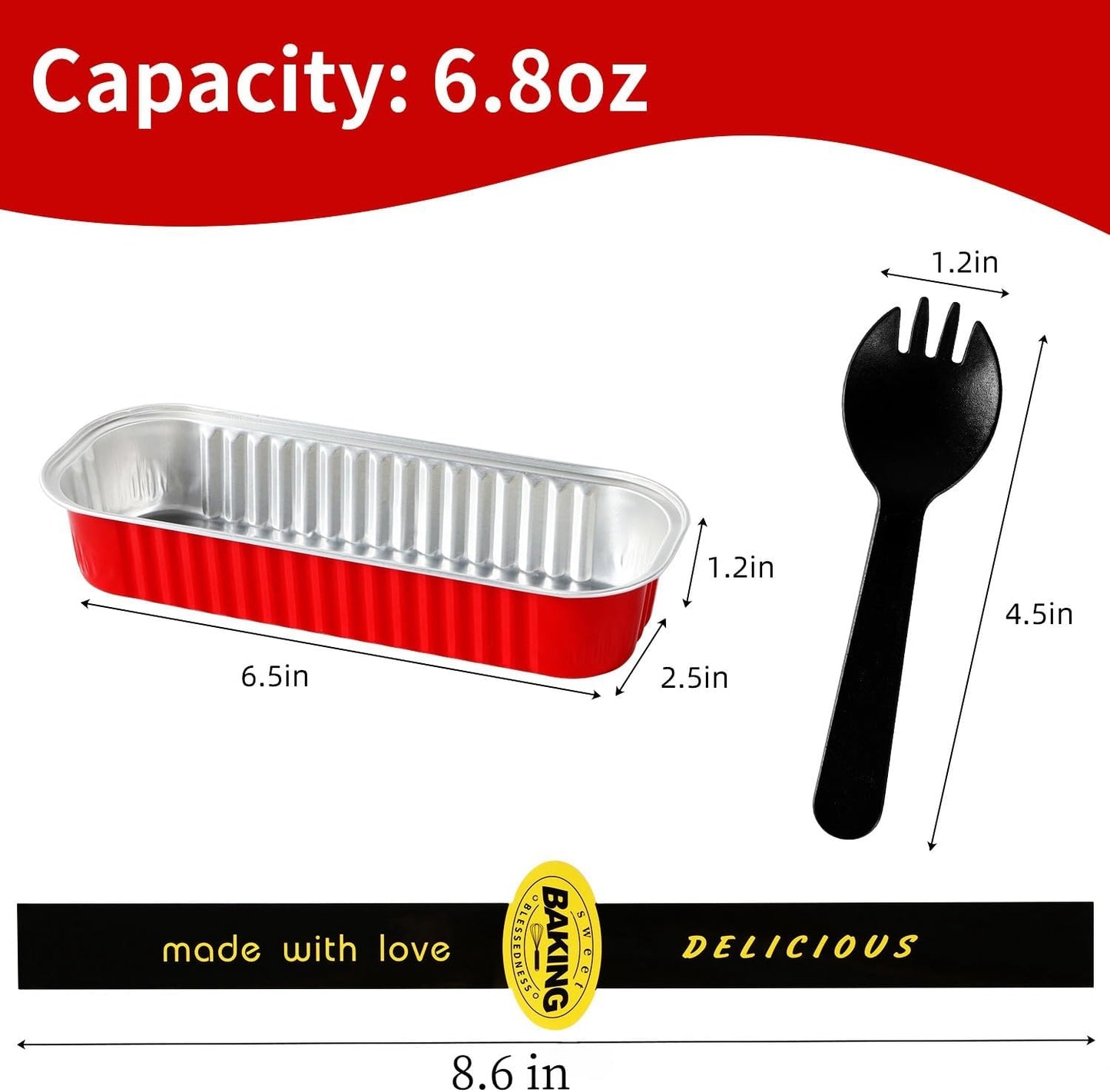 Mini Loaf Pans with Lids and Spoons Sealing Sticker,60 Pcs 6.8oz Cake Pans for Baking Disposable Aluminum Foil Red cake pan (60 PCS RED)
