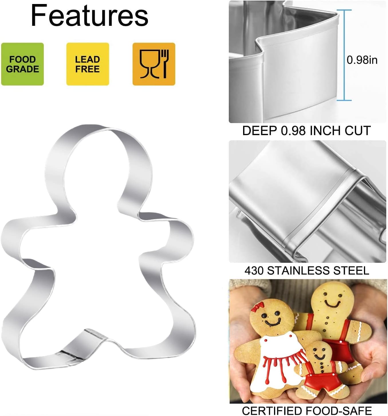 3-Piece Gingerbread Man Cookie Cutter Set, 5.12" x 4.34" x 3.42" - Stainless Steel Holiday Cookie Cutter Shapes for Baking Gifts