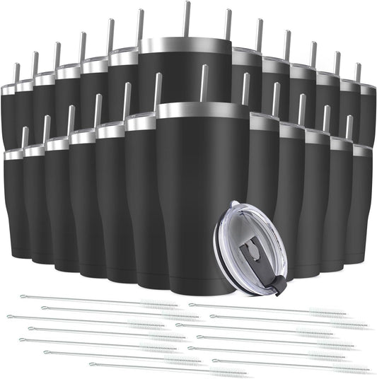 25 Pack 30oz Stainless Steel Tumblers Bulk Reusable Travel Mugs with Lid, Double Wall Powder Coated Coffe Cup for Home, Office, Outdoor Suitable for Vehicle Cup Holders Black