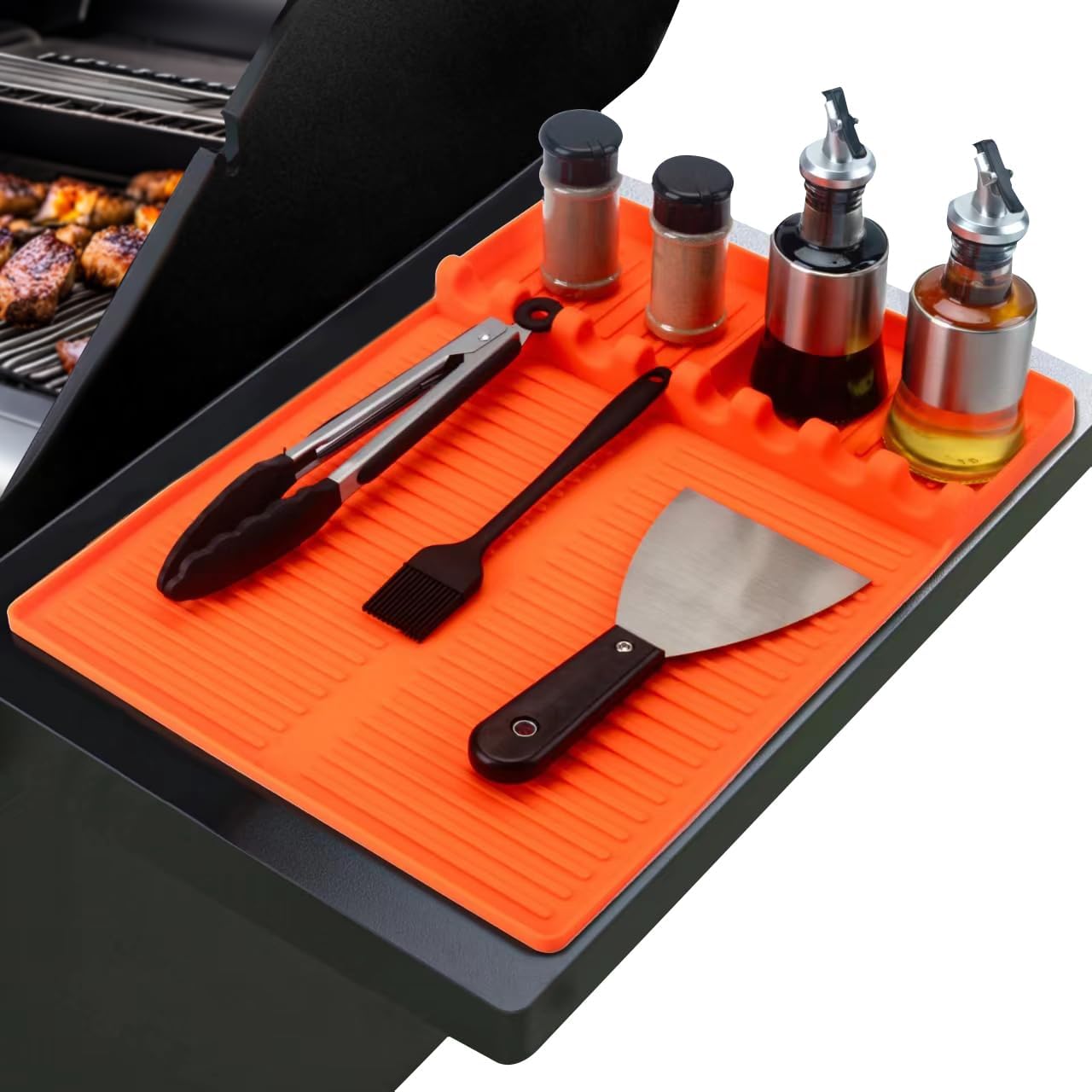 GOSALISU Silicone Grill Mat for Blackstone, Reusable Griddle Tools Mat with Drip Pad, Spatula Mats for Outdoor Grill Kitchen Countertop, Barbeque Accessories (Orange)