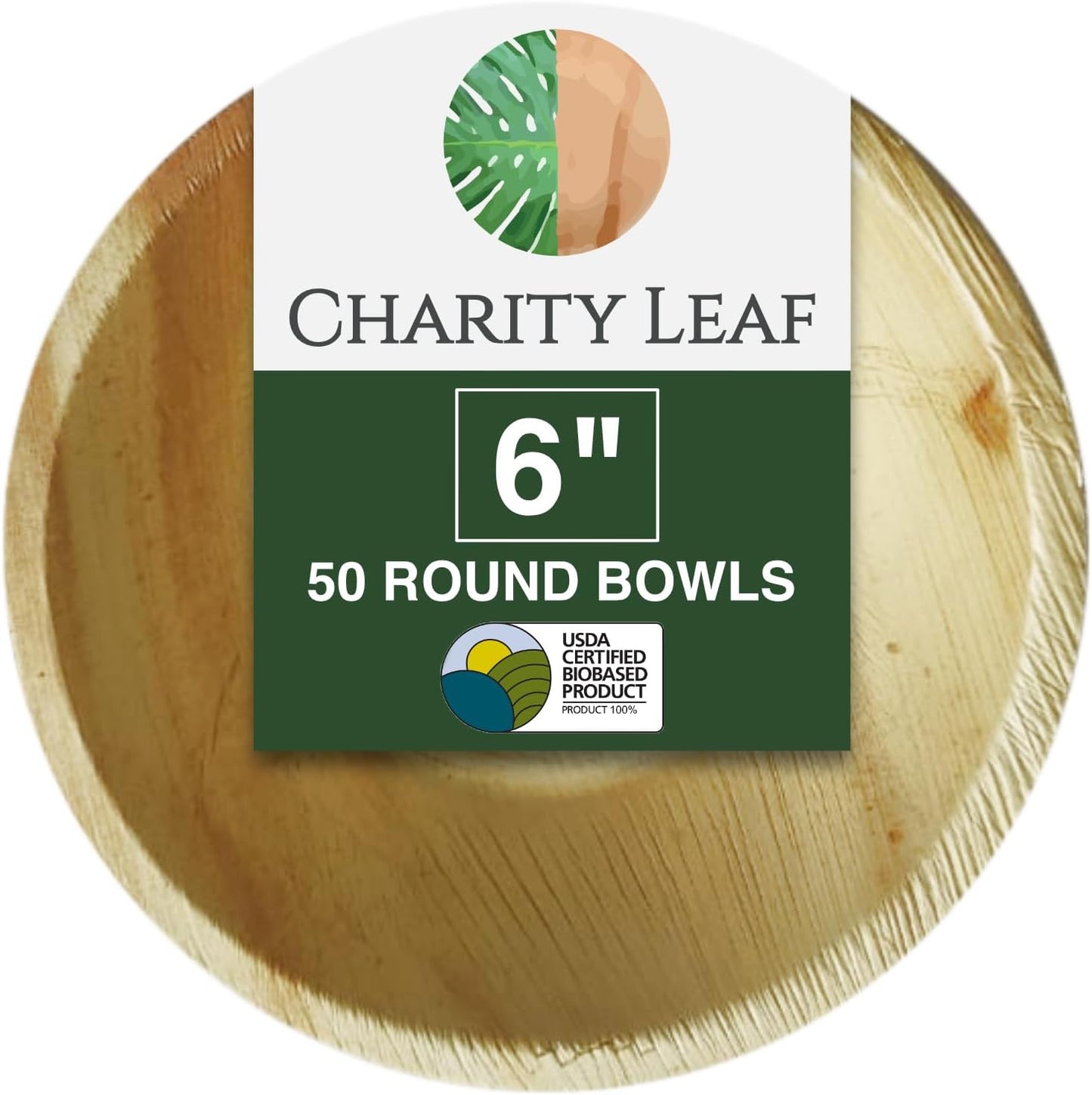 Charity Leaf Disposable Palm Leaf 6" Round Bowl (50 pcs) Dipping Bowls | Bamboo Like| All Natural and Biodegradable | Charcuterie Boards, BBQs, and Parties