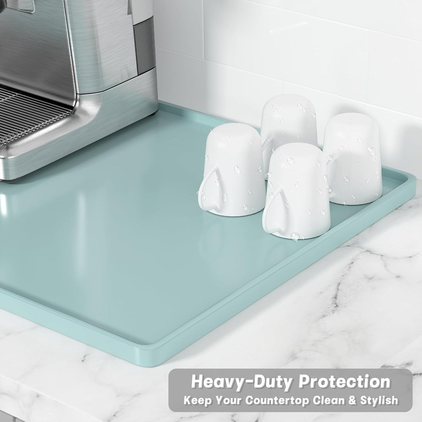 Rnivvi Silicone Coffee Mat, 16" x 24" Waterproof Raised Edge Coffee Bar Mats for Espresso Machine Station Accessories, Heat Resistant Dish Drying Pad for Kitchen Counter, Bar Decor Pad, Shadow Green