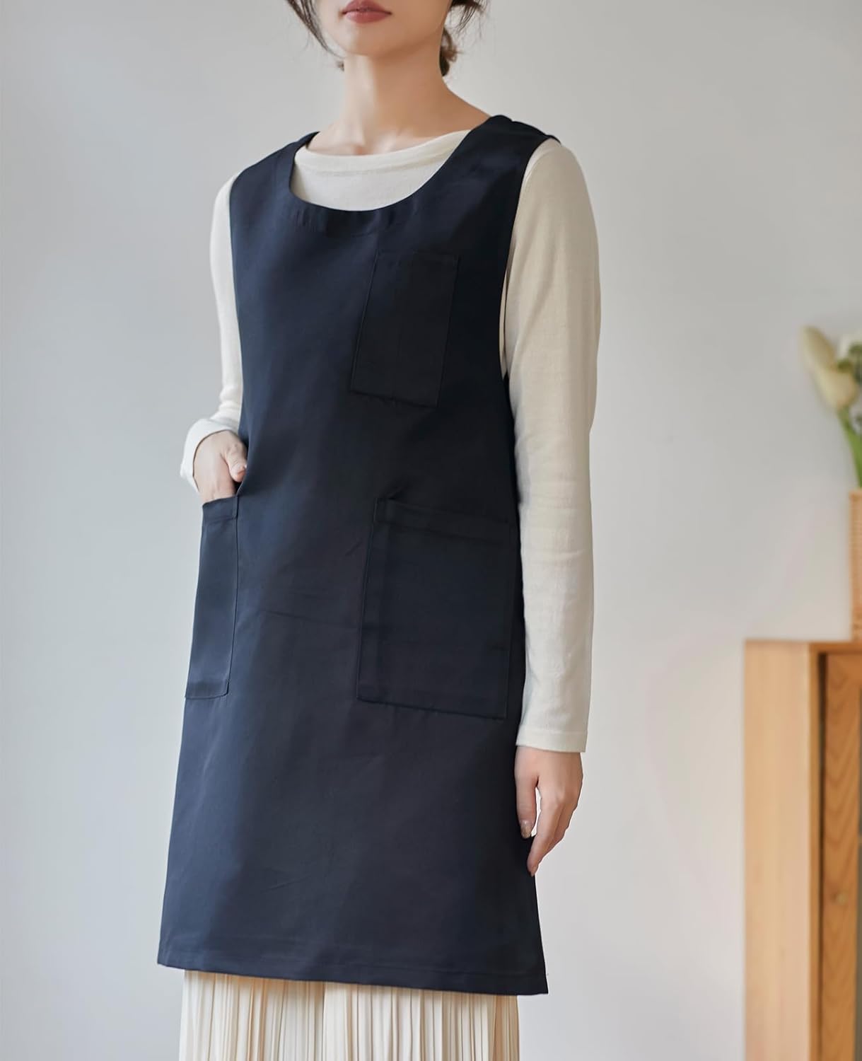 Women Cobbler Apron Japanese Style Aprons with 3 Pockets for Work Chef Kitchen