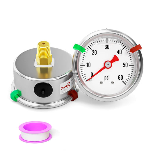 0-60psi Stainless Steel Glycerin Liquid Filled Pressure Gauge 1/8" NPT 1.5" Face Dial, Center Back Mount, for Water, Oil and Air Pressure Testing (with Range Mark Pointer)