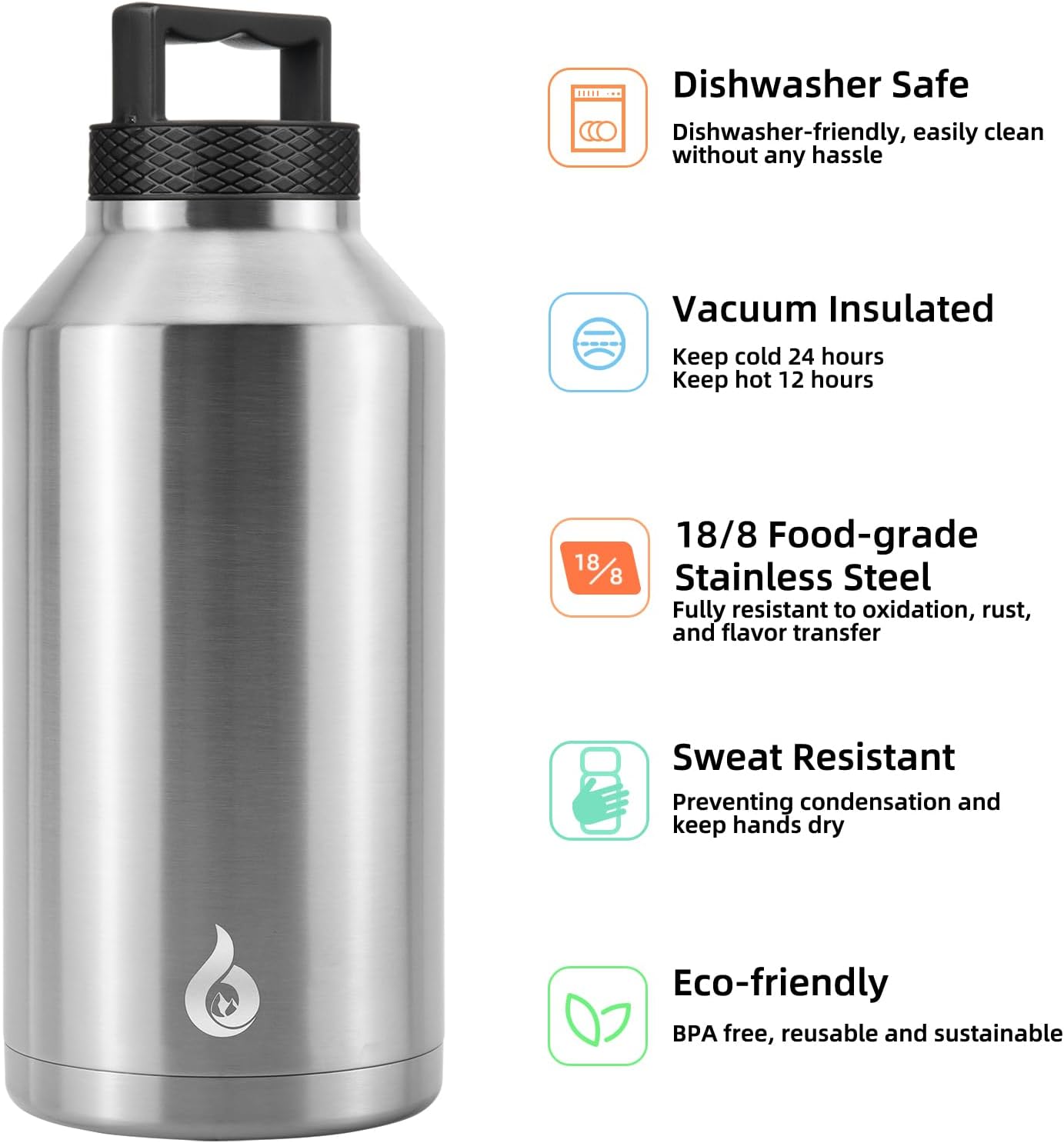 BJPKPK Half Gallon Water Bottle Insulated, Dishwasher Safe 64 oz Water Bottle with Handle, Leakproof BPA Free Water Jug, Large Metal Thermos for Sports, Stainless Steel Primary Color