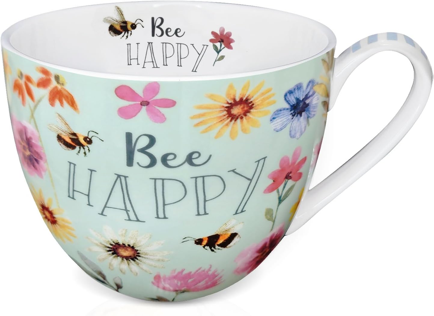 20 oz Bees & Flowers Coffee Hug Mug,“Be Happy” Designed to Spread Joy, Premium Bone China, Perfect Holiday and Birthday Gift for Women, Designed in England by Harvest Green Studio