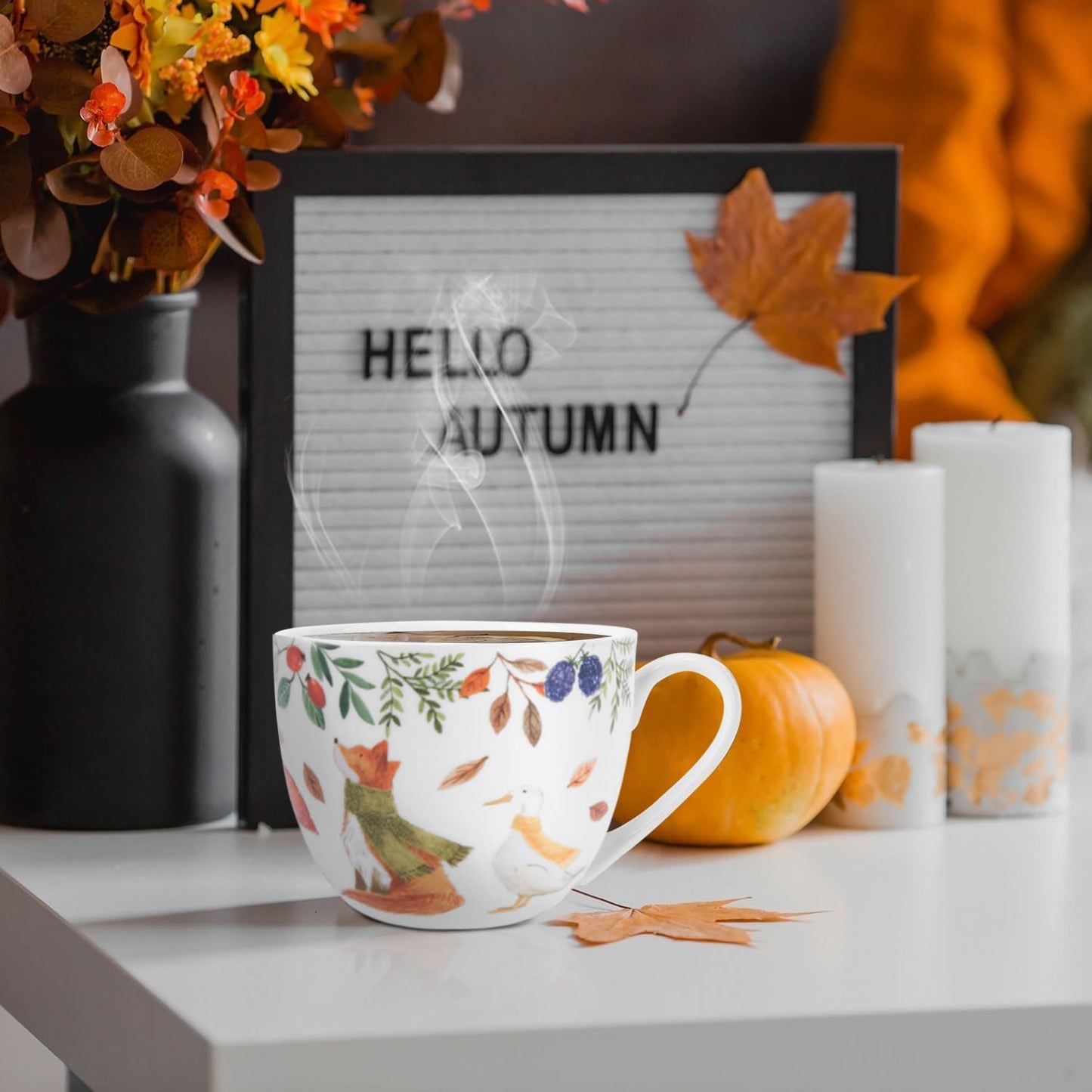 Autumn Forest Animal Mug - 20 oz Bone China Coffee Mug with Fox, Squirrel & Duck, Cozy Fall Gift for Nature Lovers and Friends, Designed in England by Harvest Green Studio