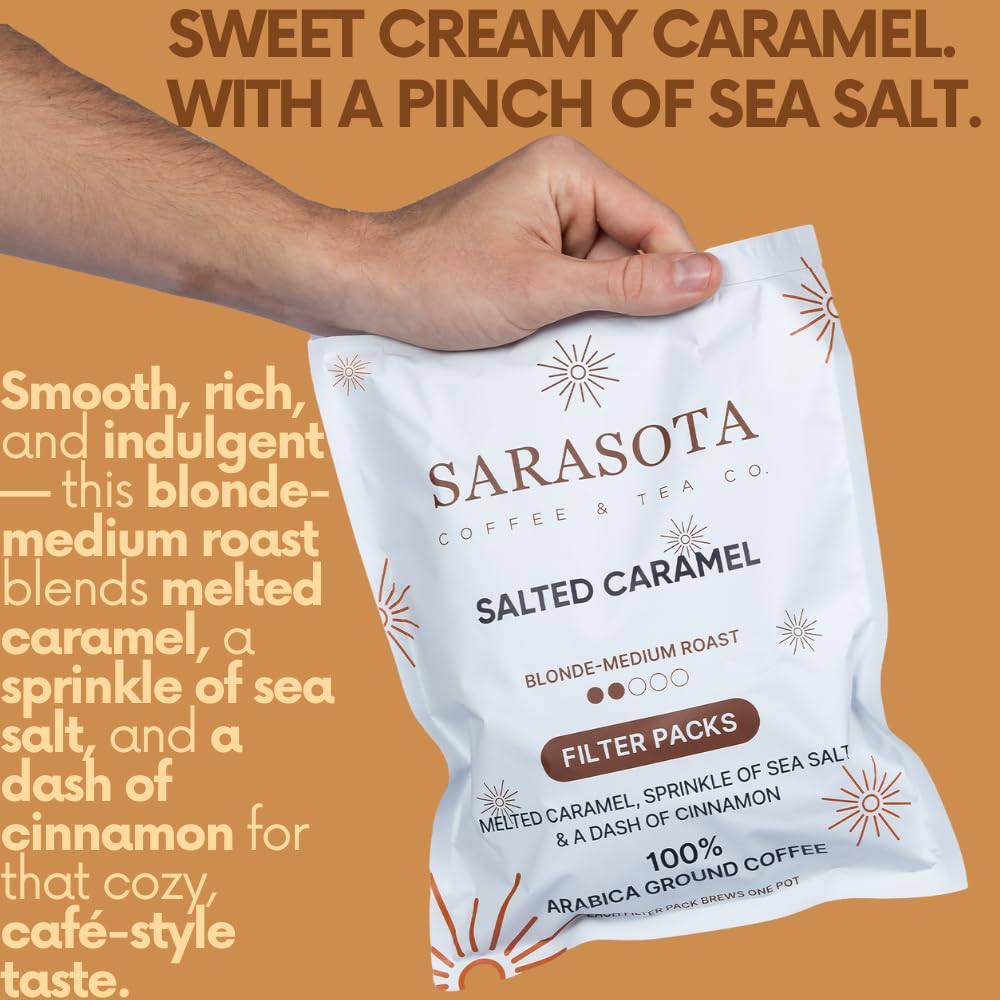 Ground Flavored Coffee In Filter Packs | Medium Roast Low Acid Mold Free Pouches | Sampler Packets | Salted Caramel Gourmet Powder Bags for 10-12 Cup Drip Maker | Highest Rated Individual Premeasured Coffee