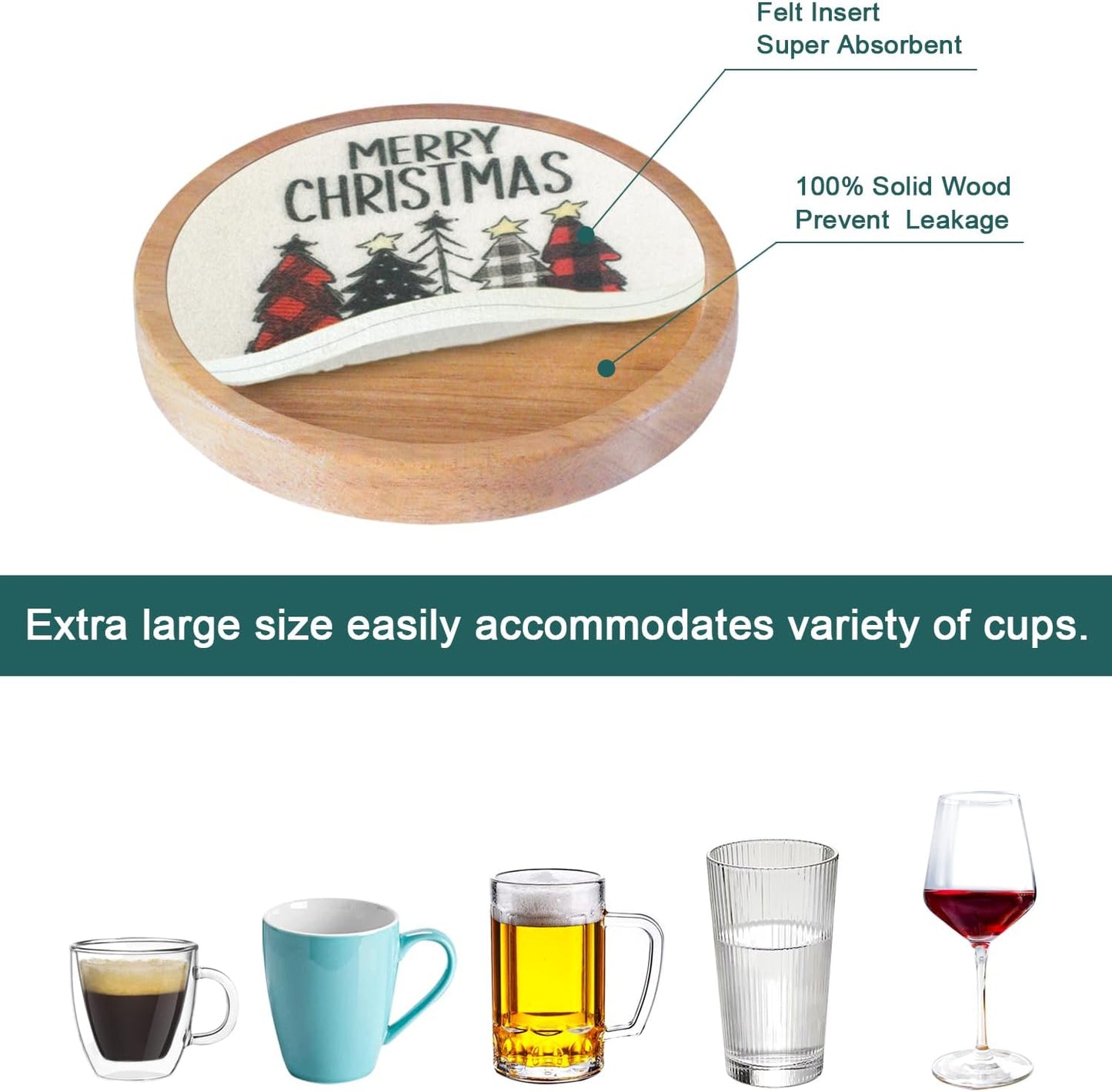 Christmas Tree Coasters for Drinks, Minacun Absorbent Coaster Set of 5, White Elephant Gifts, Secret Santa Gifts, Xmas Decor, Drinks Coasters for Coffee Tabletop Protection, 4.3 Inches