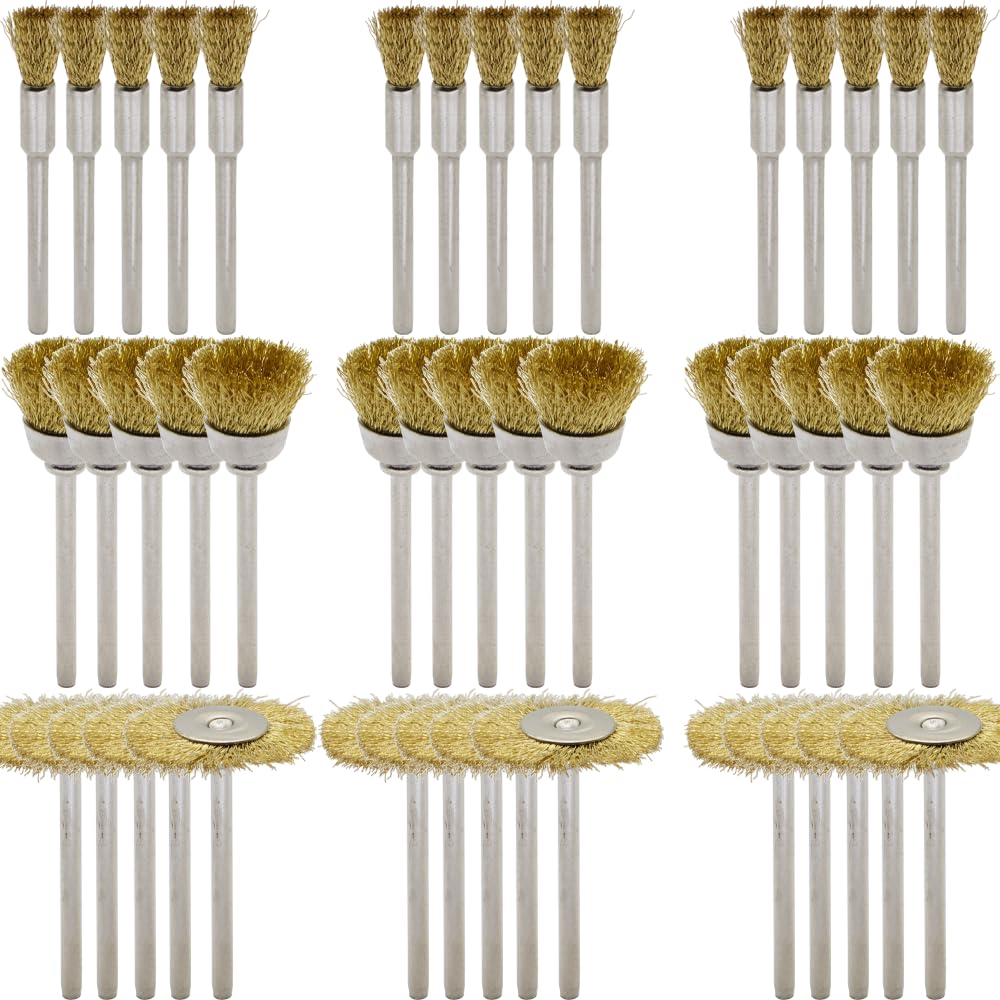 45-Piece Brass Wire Brush Set - Metal Rust Removal, Polishing, Cleaning - 1/8″ (3mm) Shaft - Removes Burrs, Dust, and Oxide Layer - Handles Rough Surfaces - Rotary Tool Accessories