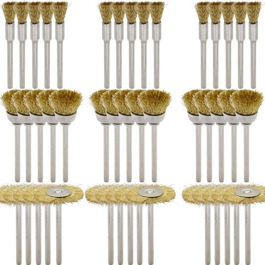 45-Piece Brass Wire Brush Set - Metal Rust Removal, Polishing, Cleaning - 1/8″ (3mm) Shaft - Removes Burrs, Dust, and Oxide Layer - Handles Rough Surfaces - Rotary Tool Accessories