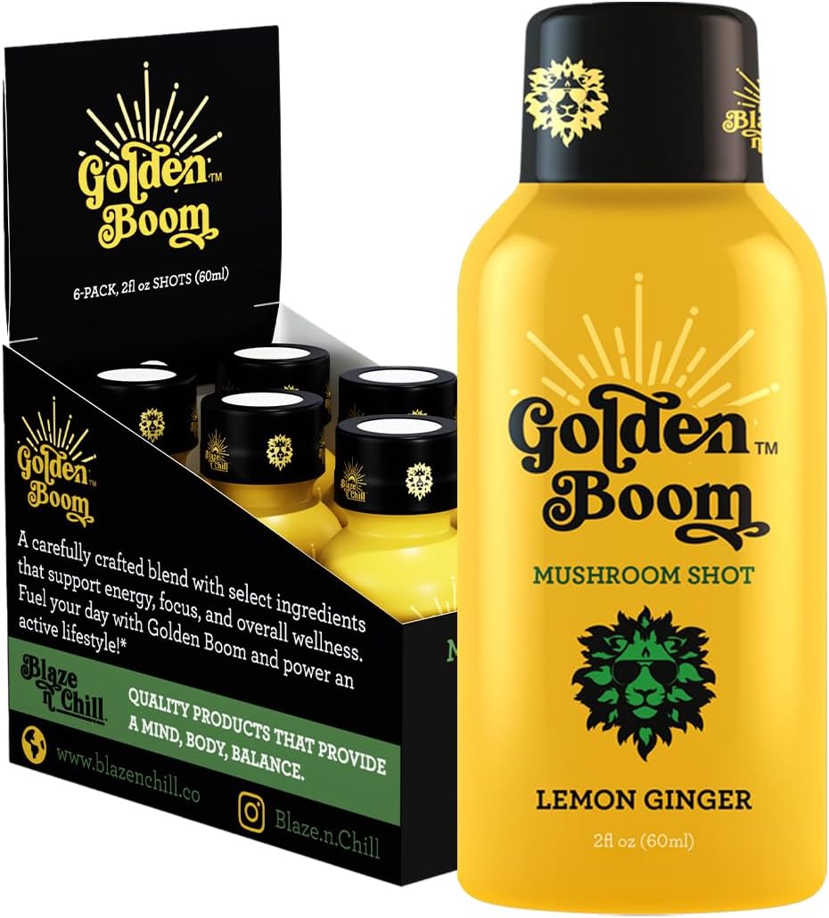 Blaze n Chill Golden Boom Mushroom Shot – Focus & Endurance Drink with Lion's Mane, Cordyceps, B-12 & Ginseng – Natural Mushrooms - Lemon Ginger (2fl oz, 6 Pack)