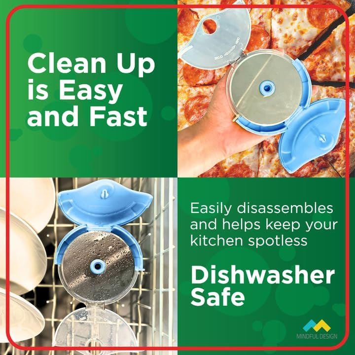 Mindful Design Pizza Cutter Wheel with Protective Blade Cover, Easy to Clean and Dishwasher Safe Ergonomic Pizza Slicer (Blue)