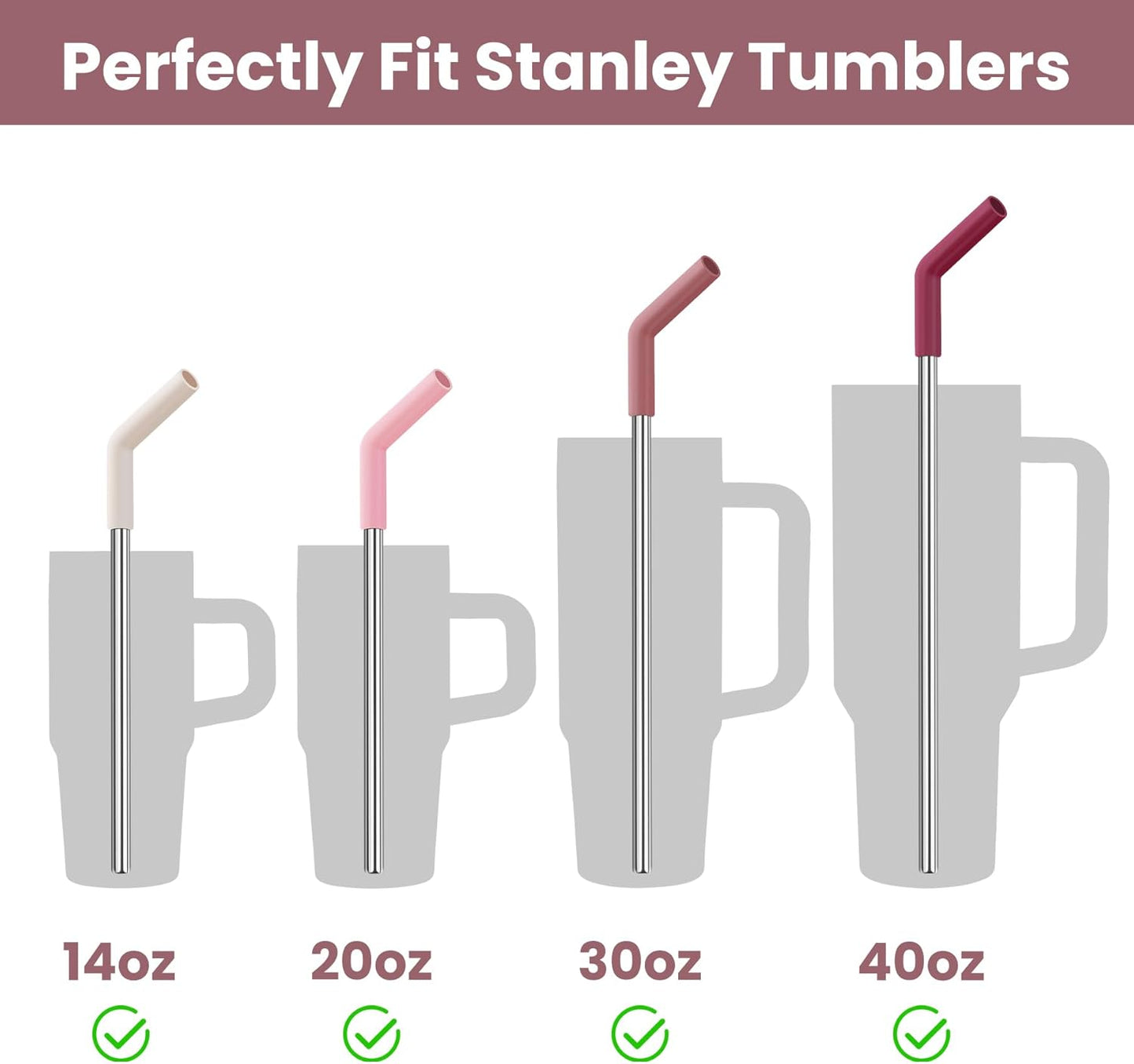 Tomorotec 6-Pack Stainless Steel Reusable Straw with Silicone Tip 3 Sizes, Metal Drinking Straws Fit for Stanley Quencher Tumblers 40oz, 30oz, 20oz, 14oz, Cleaning Brushes Included (Gradient)