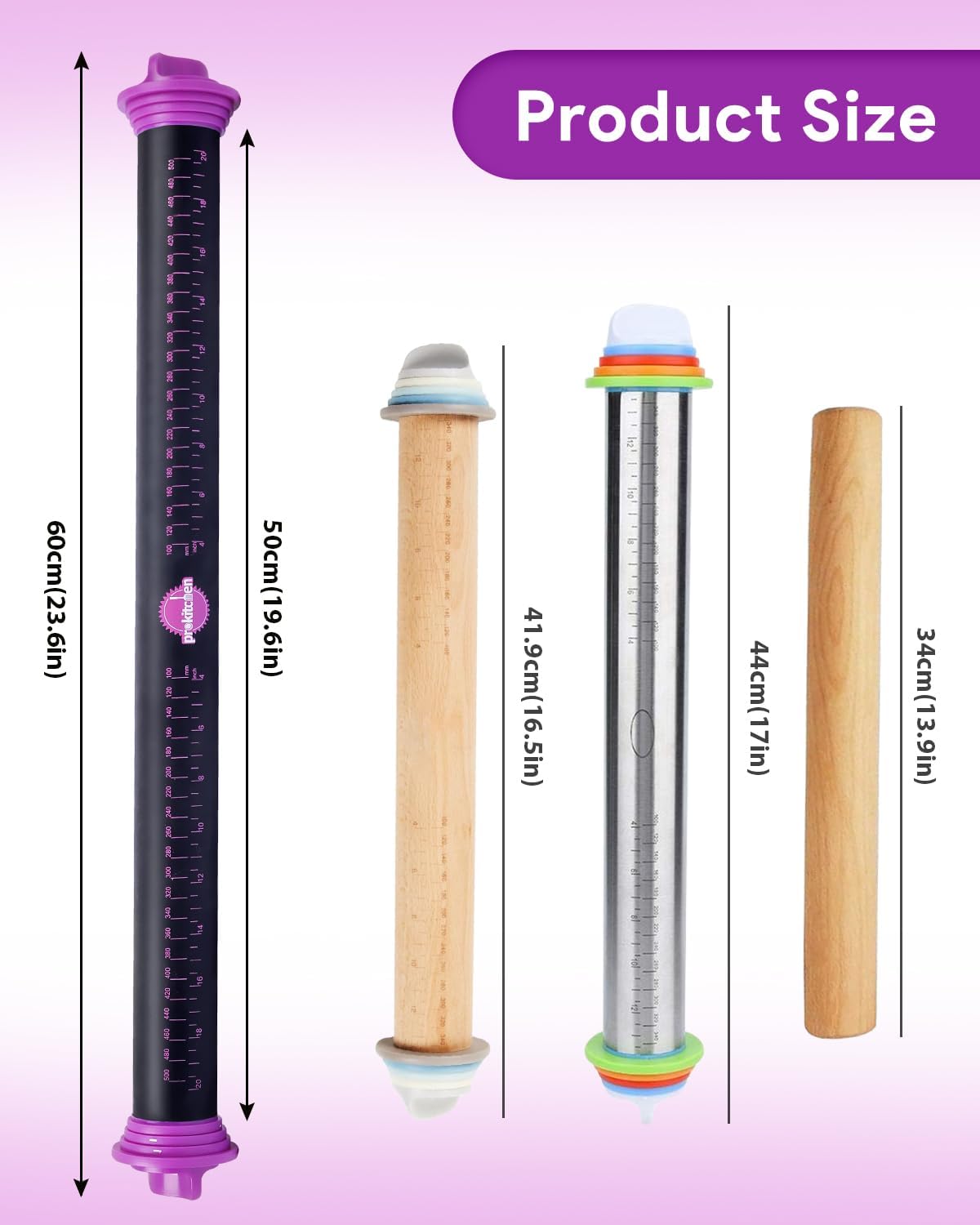 Silicone Rolling Pin with Thickness Rings, Adjustable Designs for Fondant, Cookie Decorating, Pasta, Pizza, 23.6 inch Purple Large Long Pin