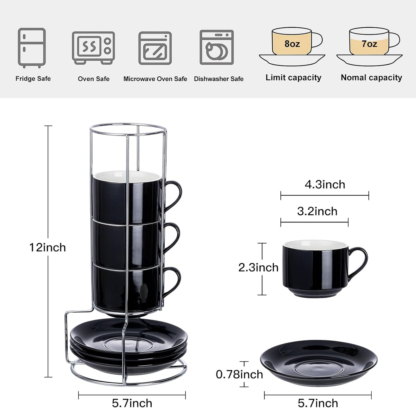 8 Ounce Porcelain Cappuccino Cups with Saucers and Silver Stand, Black Cups Set of 4