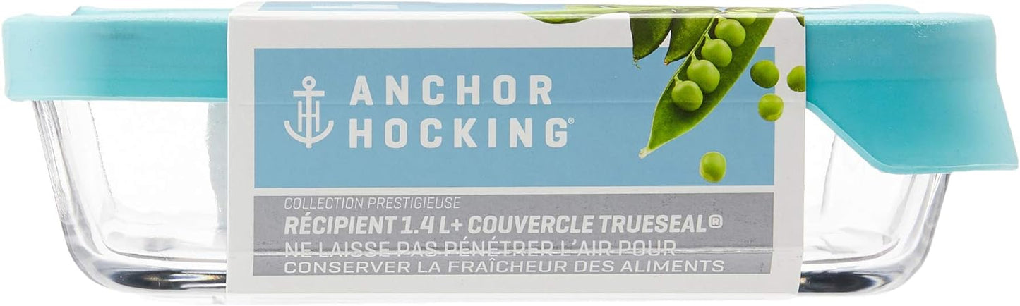 Anchor Hocking TrueSeal Glass Food Storage Containers with Mineral Blue Airtight Lids, 6 Cup Capacity (48 Oz), Rectangle, Pack of 4