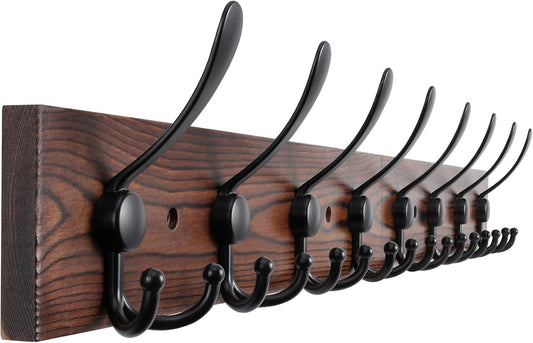32.2'' Large Coat Rack Wall Mount Coat Hooks Coat Hanger with 8 Metal Black Triple- Hooks Brown Pine Real Wood Plank Hat Rack for Wall Hooks for Hanging Coat Hat Jacket