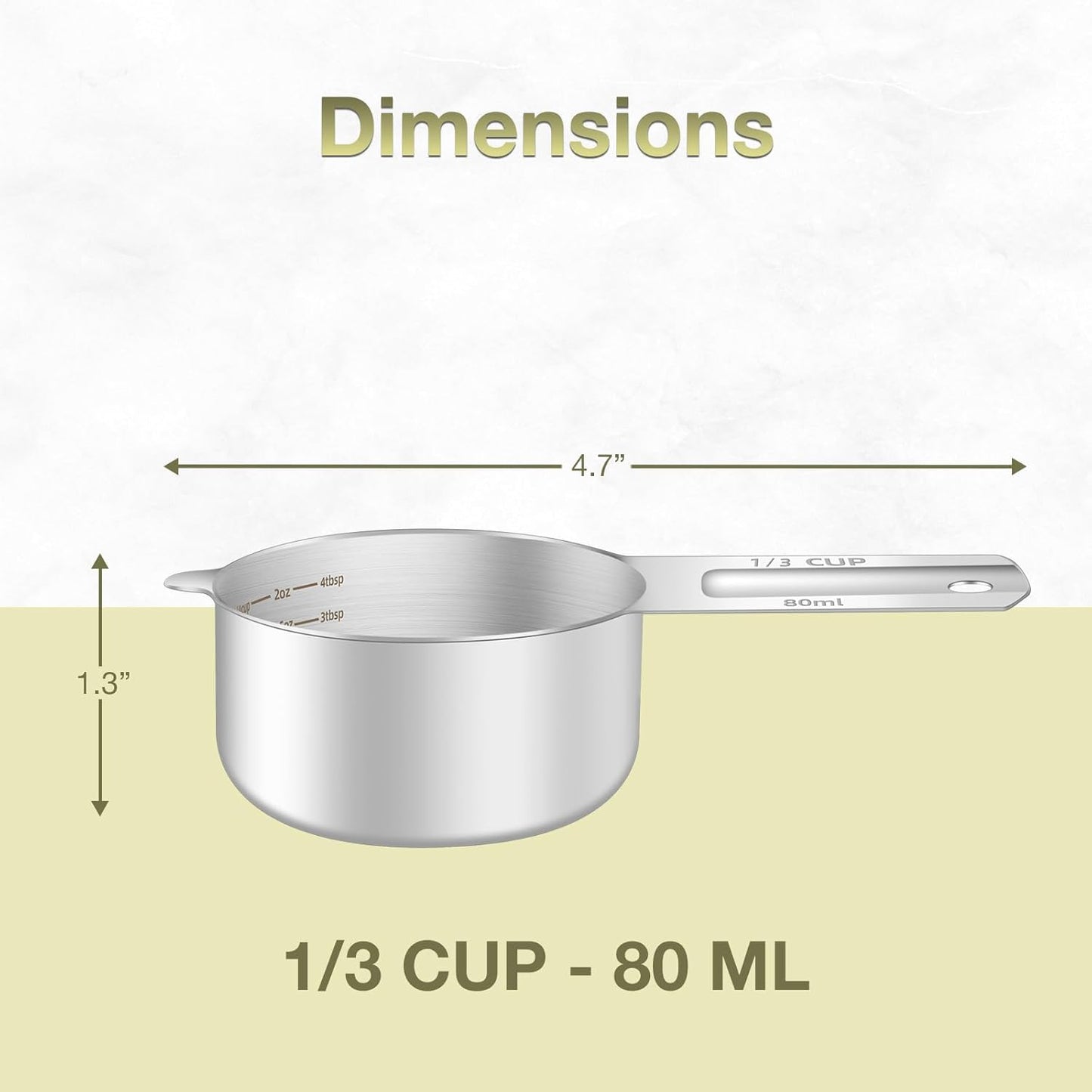 1PCS 1/3Cup (80ml, 2.6oz) Single Measuring Cup, Etched Inner Scale Stainless Steel Measure Scoop, Metric and US Measurement, Dishwasher Safe