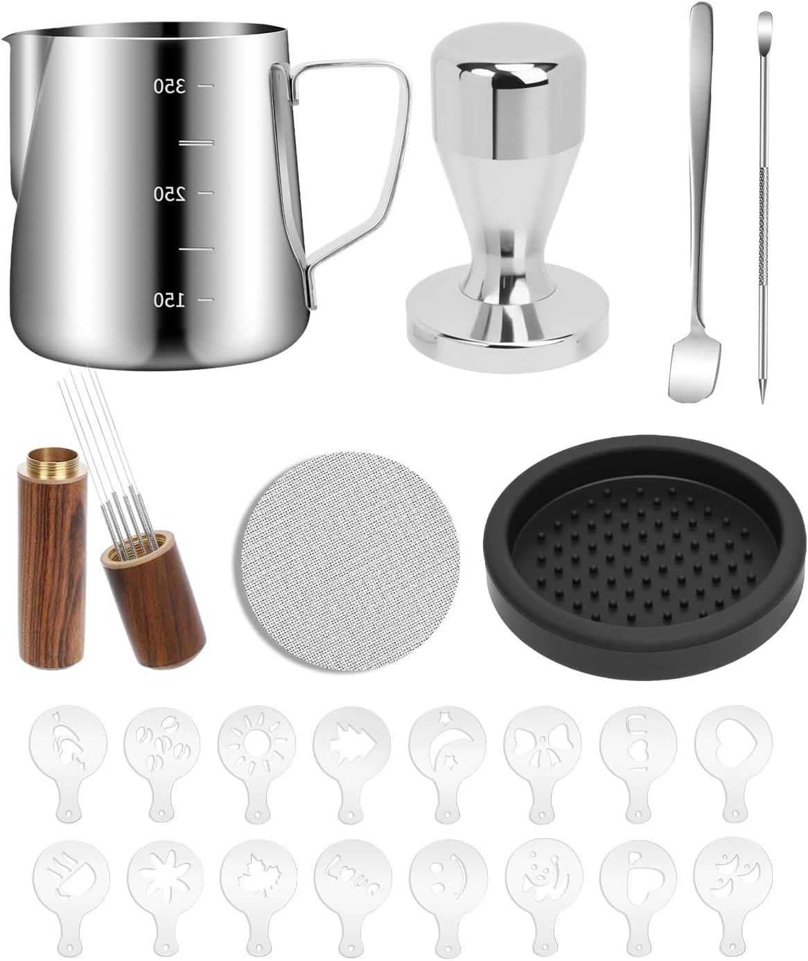 Espresso Kit, 350ml Espresso Milk Frothing Pitcher, 53mm Espresso Tamper, WDT Tool, 53.5mm Puck Screen, Dessert Spoons, Tamper Mat, Latte Art Pen &16 PCS Coffee Decorating Stencils