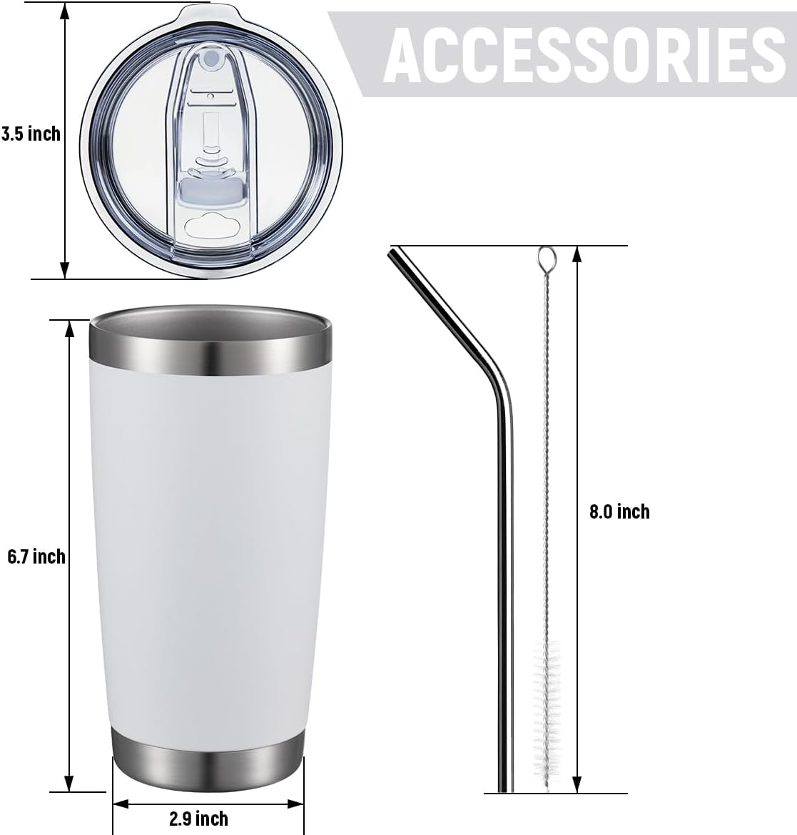 COMOOO 20oz/8Pack White Tumbler Double Wall Vacuum Insulated Coffee Travel Mug Stainless Steel Tumbler Bulk with Lid and Straw Powder Coated Insulated Coffee Cup for Cold & Hot Drinks (White, 8 Pack)