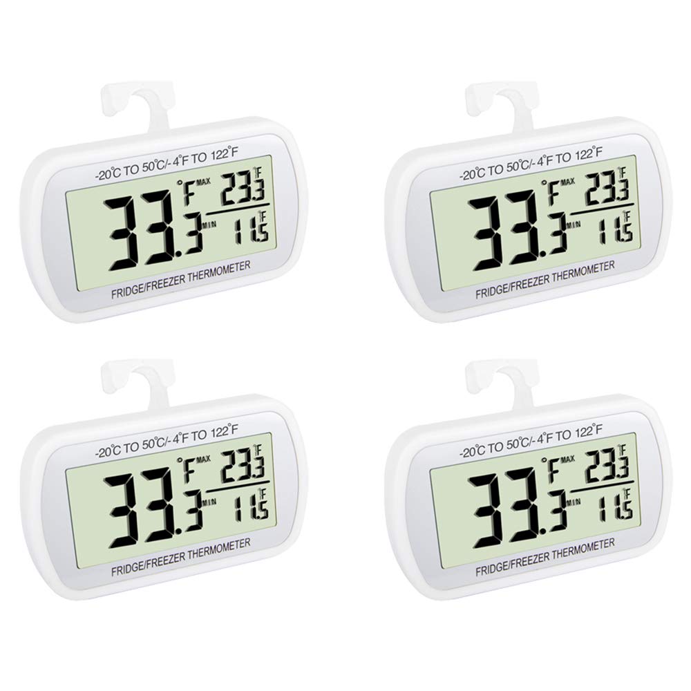 Waterproof Refrigerator Fridge Thermometer, Digital Freezer Room Thermometer, Max/Min Record Function Large LCD Screen and Magnetic Back for Kitchen, Home, Restaurants (4 Pack)