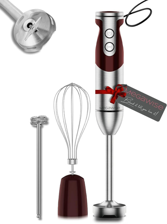 3-in-1 Immersion Hand blender, Powerful MOTOR & Stainless Steel Stick Blender, 4 Sharpe Blades with Whisk, Milk Frother Attachments