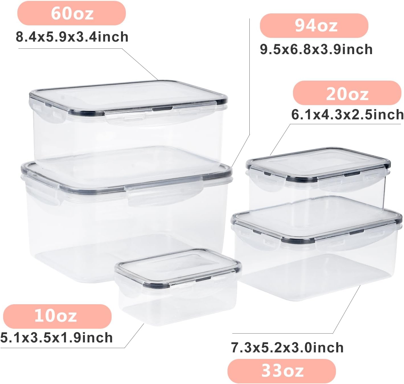 5 PCS Plastic Containers with Lids 94oz-10oz Freezer Containers for Food Storage，Airtight Fruit and Vegetable Storage, Microwave Safe Stackable Storage for Snack Sandwich