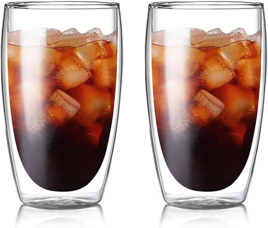 15oz Double Wall Glass Coffee Mugs, Insulated Latte Cups Set of 2, for Coffee, Espresso, Tea, Milk, Clear Cappuccino Cups Set Glassware Gift for Christmas Birthday