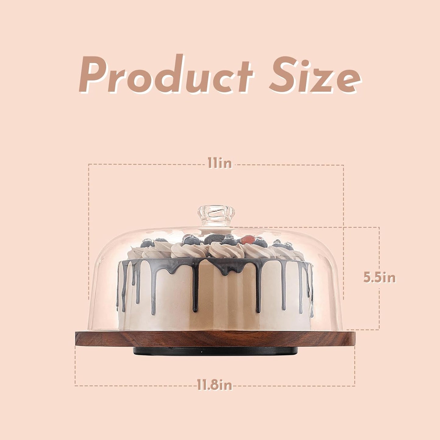 Acacia Wood Cake Stand with Acrylic Dome Lid, Cake Holder 360° Rotating, Dessert Display Stand with Dome Cover, Charcuterie Boards for Cheese, Chips, Fruit, Cake Board, Cake Plate for Party, Wedding