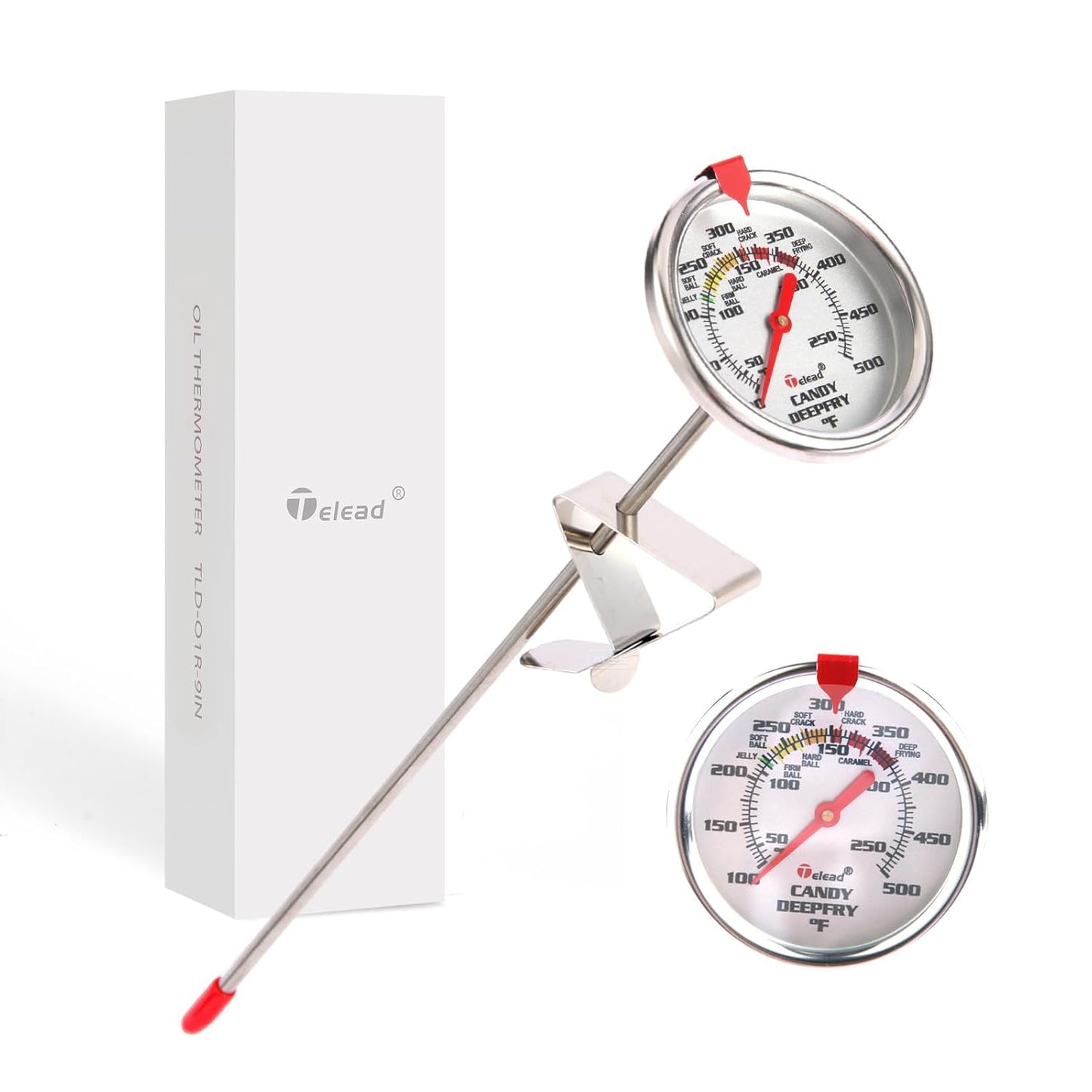 Upgraded Candy Thermometer Waterproof - Oil Thermometer for Frying with Clips - 9" Side of Pot Rainbow dial Thermometer Deep Fry for Oil Candy Candle BBQ - Silver XL