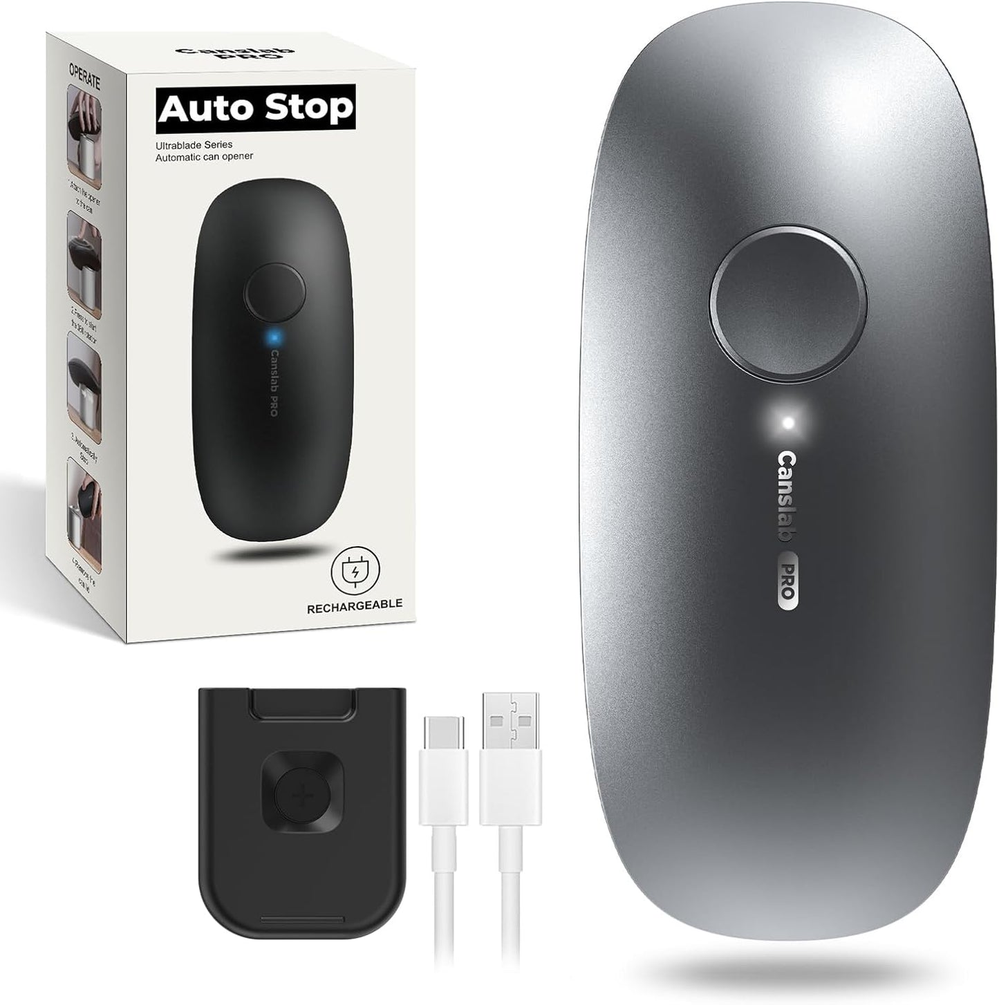 Ultrablade PRO Auto Stop Can Opener - Rechargeable Electric Can Opener for Kitchen for Seniors with Arthritis - One Touch Side Cut Opener, Smooth Edge, Handfree, Wall Mounted Small, Titanium