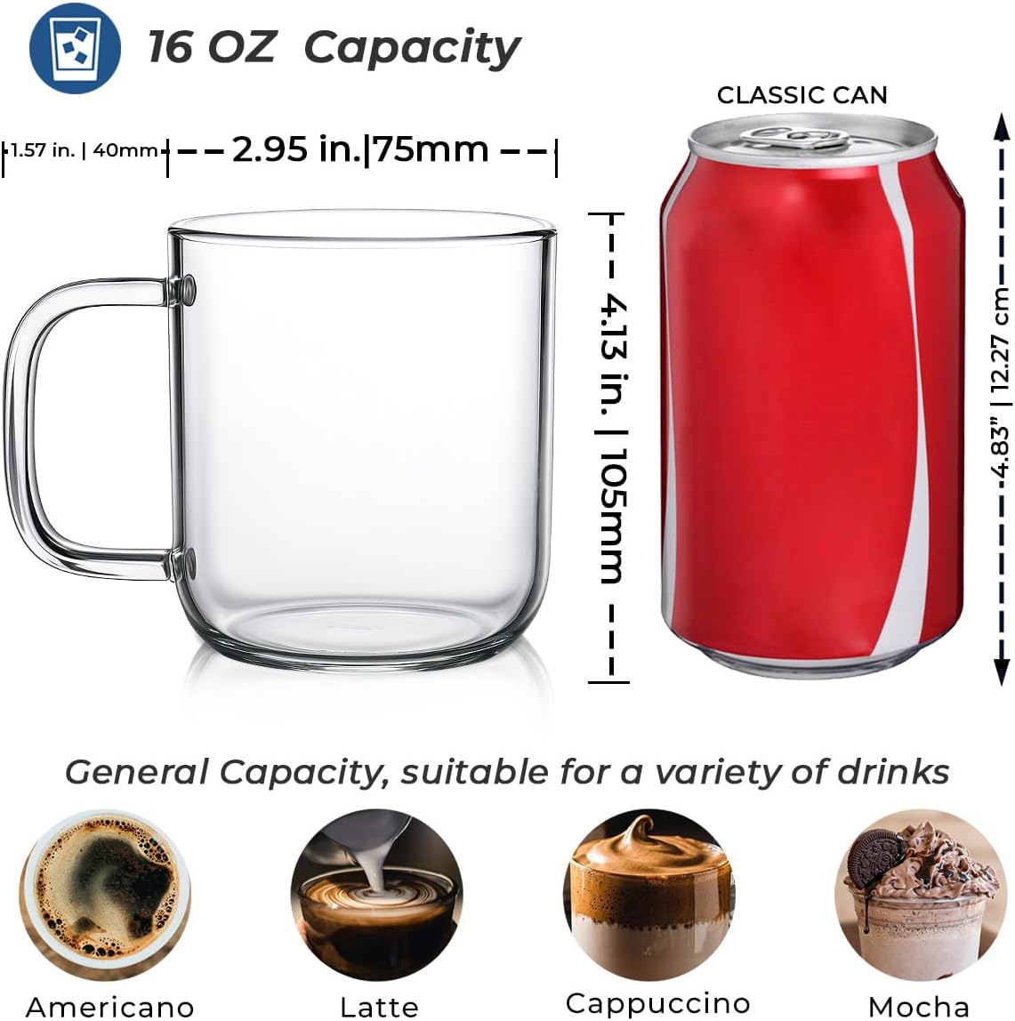 Aquach Glass Mugs 16 oz Set of 2, Large Clear Glass Cup with Handle for Hot/Cold Coffee Tea Beverage, Drinking Glasses