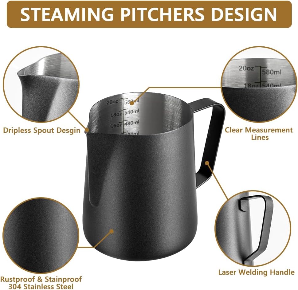 Frothing Milk Pitcher, 20 oz/600 ml Stainless Steel Frothing Milk Jug with Latte Art Pen,with Internal Measurements, for Cappuccino, Espresso and More