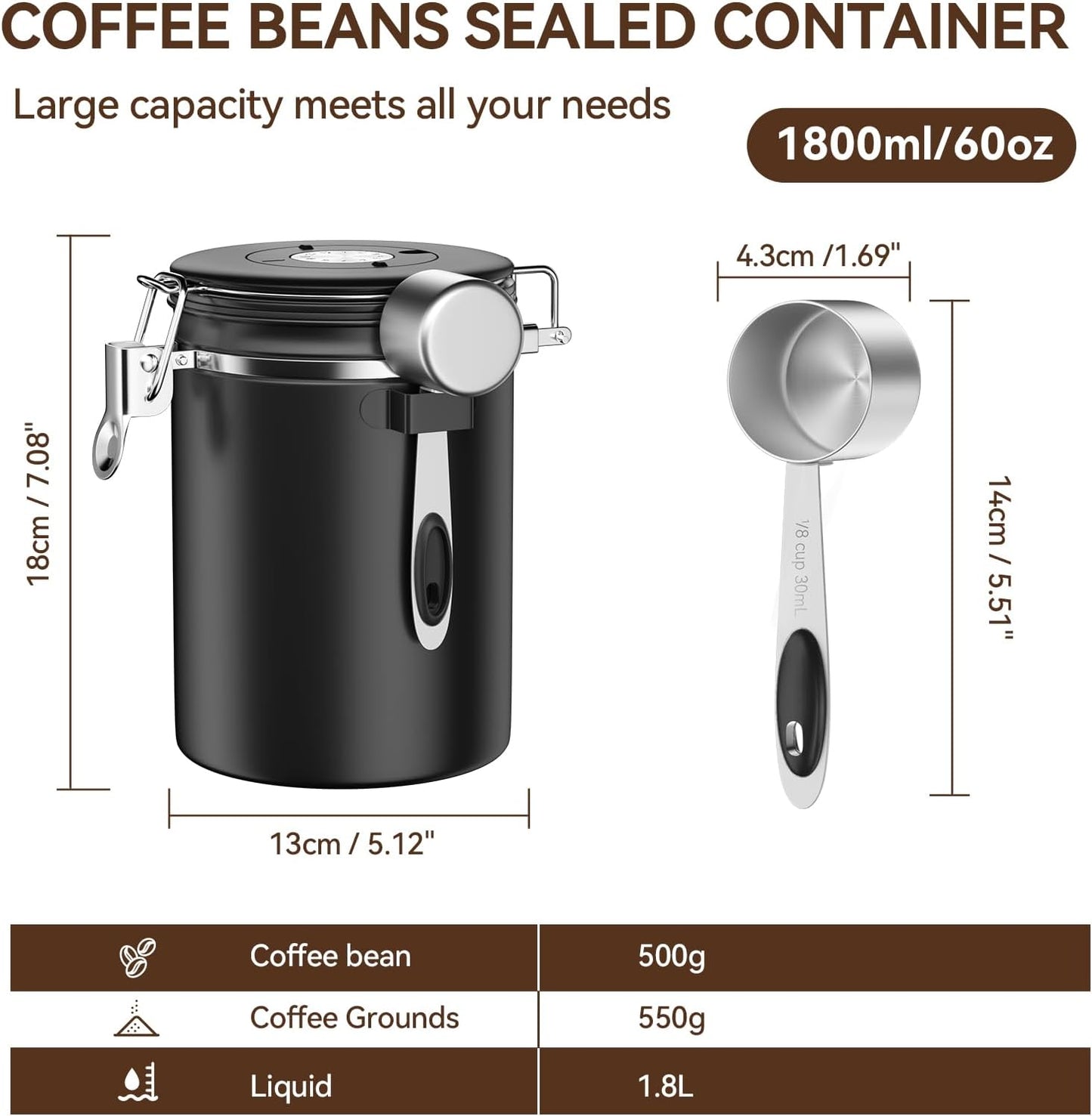 Coffee Canister, Stainless Steel Coffee Bean Storage Container with Date Tracker and Scoop, Kitchen Food Container for Grounds Coffee, Beans, Tea, Flour, Cereal, Sugar, 22OZ (1800ML | Black)