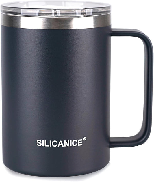 14 oz Stainless Steel Vacuum Insulated Tumbler with handle & MacSlider Lid, Dishwasher Safe & Spill Proof Coffee Cup, Travel Mug for Hot/Cold Drinks, Durable Design - Gray