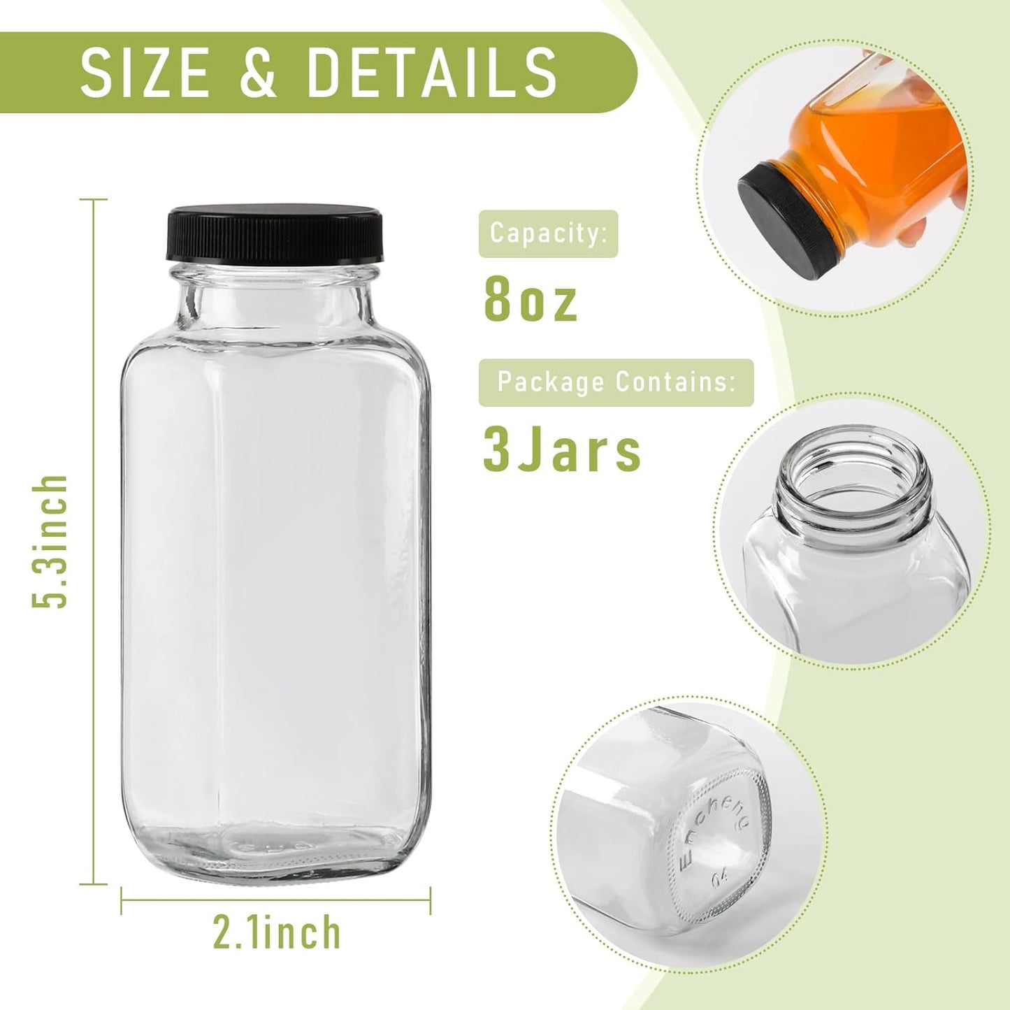 8 oz Glass Juice Bottles with Lids 3 Pack,Reusable Water Bottle,Juicing Bottles for Smoothies, Milk, Storage, Small and portable
